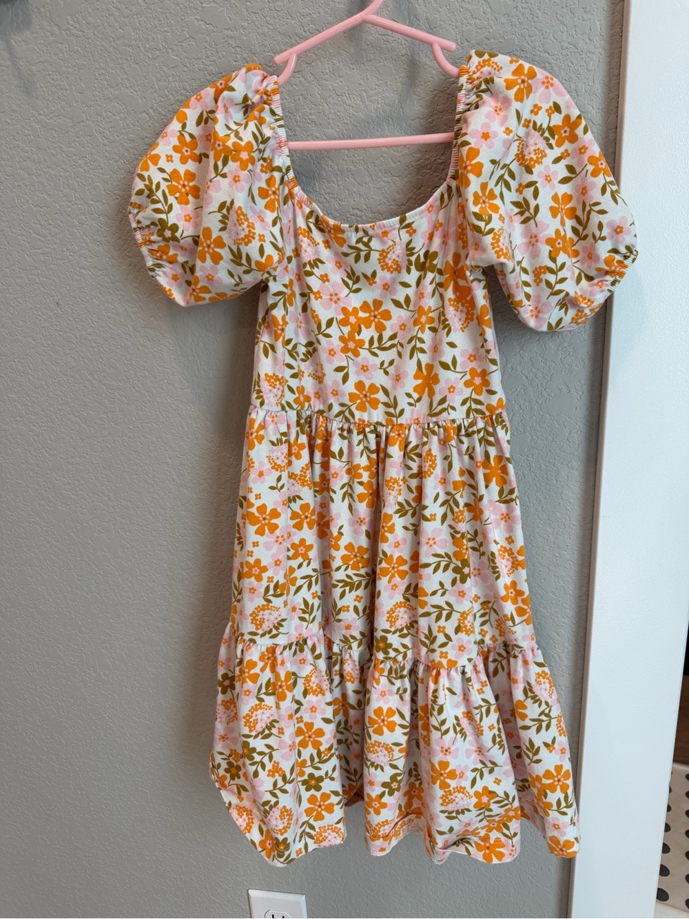 Girls Floral Puff-Sleeve Casual Dress in Orange & Pink